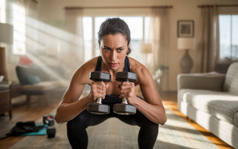 A focused woman performs squats with dumbbells in a well-lit living room, showcasing determination and fitness enthusiasm.