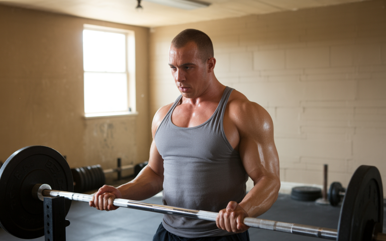 A muscular man in a gray tank top lifts a barbell in a gym, focused and glistening with sweat.