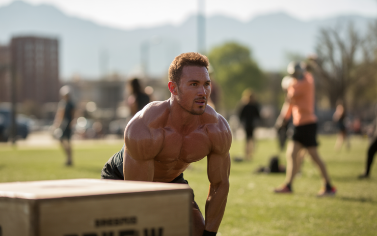 A muscular man performs an exercise outdoors, focusing on a wooden box, with others exercising in the background and mountains visible.