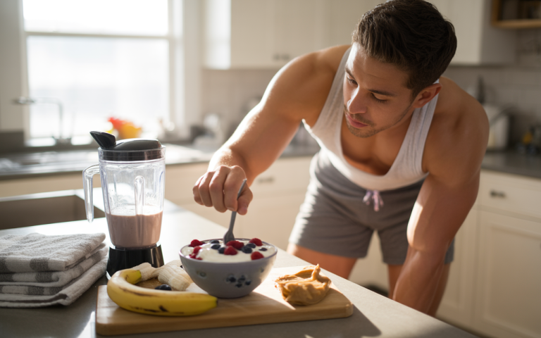 A man in a tank top prepares a healthy breakfast with yogurt, berries, bananas, and a smoothie blender in a bright kitchen.