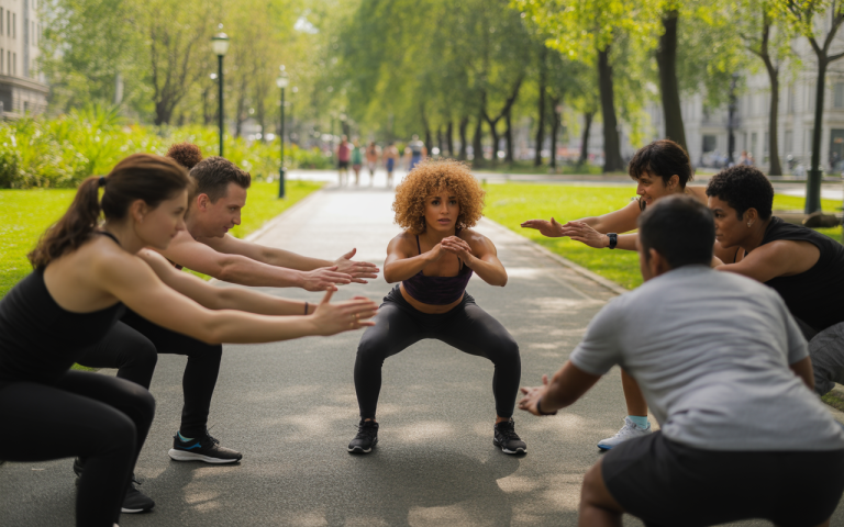 A group of people performs squats together in a sunny park, surrounded by green trees and walkways, promoting fitness and community.