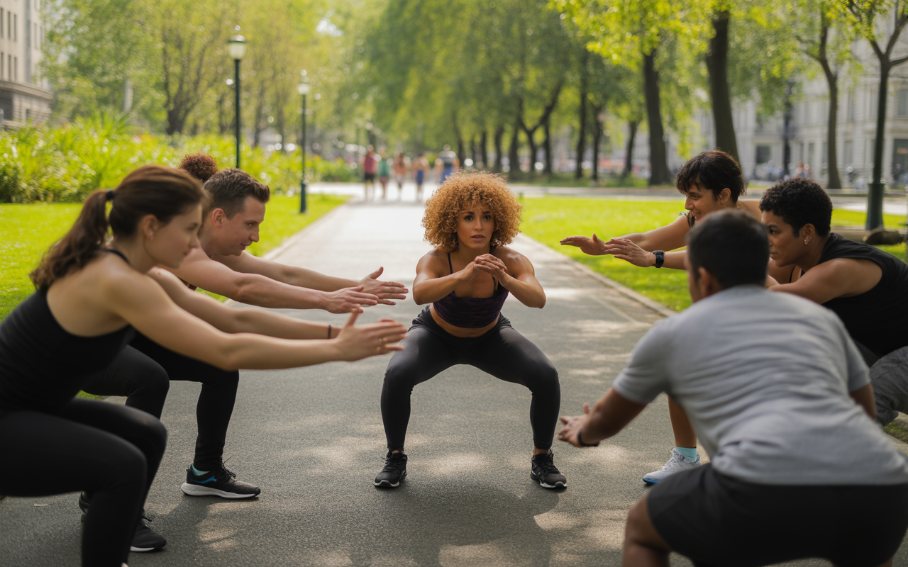 A group of people performs squats together in a sunny park, surrounded by green trees and walkways, promoting fitness and community.