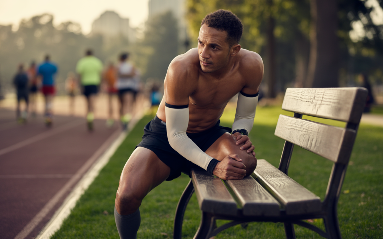 A fit, shirtless male athlete sits on a bench, stretching his leg, with other runners in the background at a park.