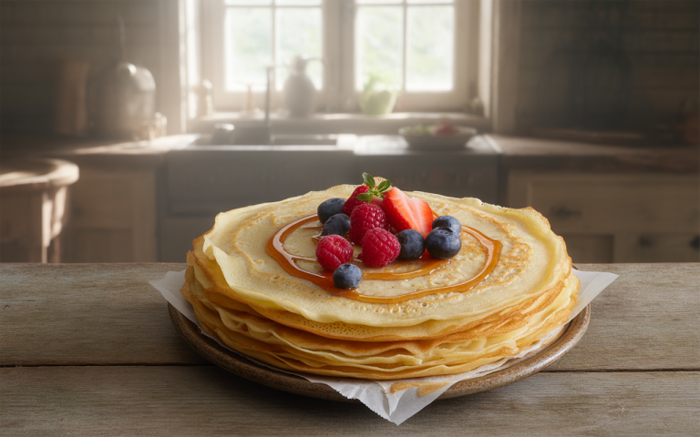 A stack of thin pancakes topped with strawberries, raspberries, blueberries, and a drizzle of syrup on a wooden table.