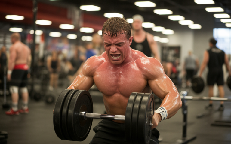 A muscular man in a gym strains while lifting heavy dumbbells, showcasing intense effort and concentration during weight training.
