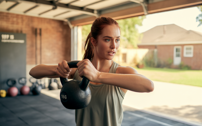 A woman exercises with a kettlebell in a garage gym, focusing on her form and strength. Natural light floods the space.