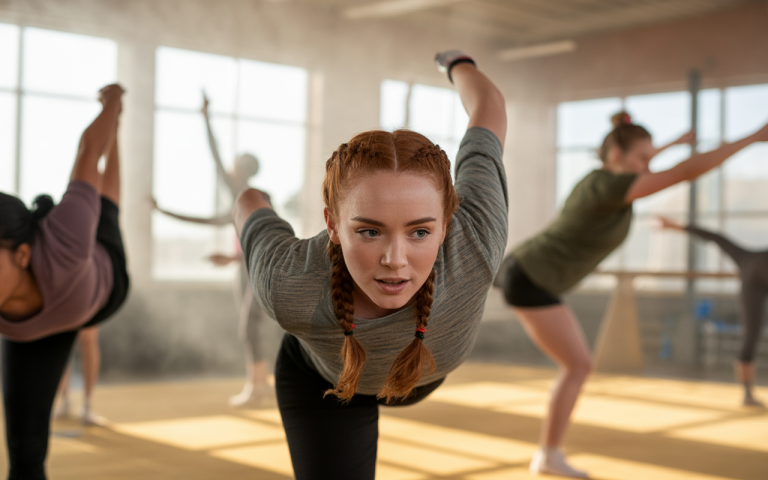 Young woman with braided hair focuses on fitness exercise in a bright gym, while others practice in the background.