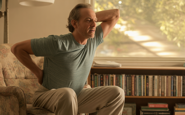 A man sits on a couch, grimacing in discomfort while stretching his back in a sunlit room with bookshelves.