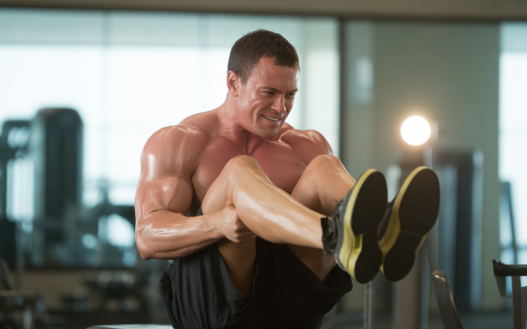 A muscular man performs a core workout exercise in a gym, showcasing focus and strength amidst fitness equipment.