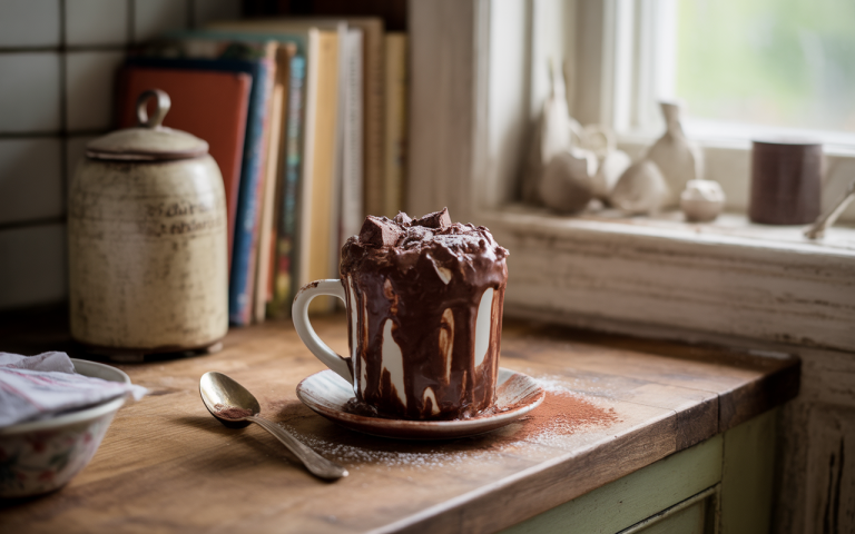 A cozy kitchen scene featuring a chocolate drink in a mug, topped with whipped cream and chocolate shavings on a wooden table.