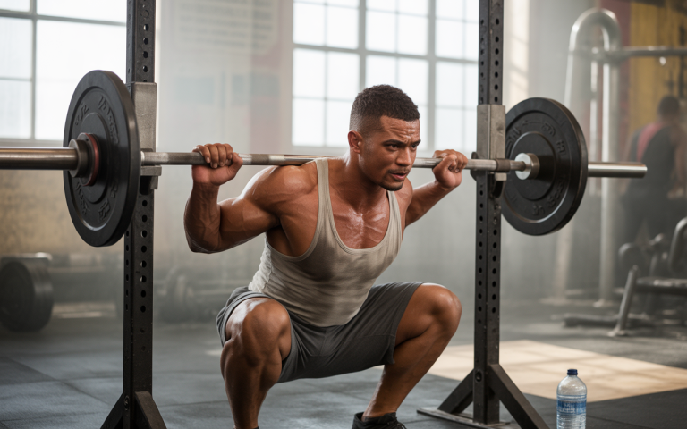A muscular man performs a barbell squat in a gym, focused and determined, with weights on the bar and a water bottle nearby.