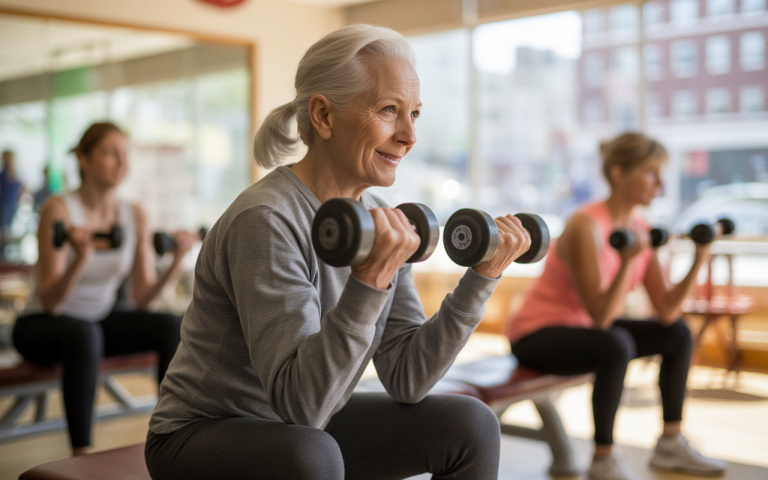 An older woman exercises with dumbbells in a gym, smiling while two others work out in the background.
