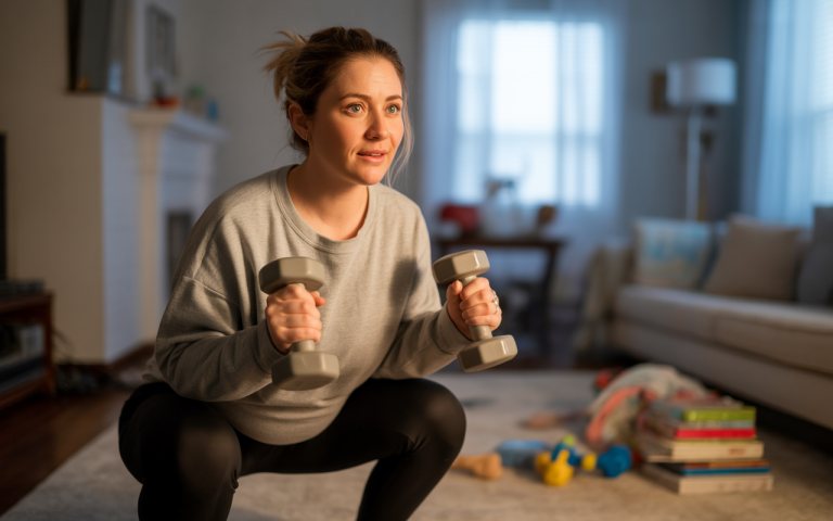A woman exercises at home, performing squats while holding dumbbells in a cozy, well-lit living room.