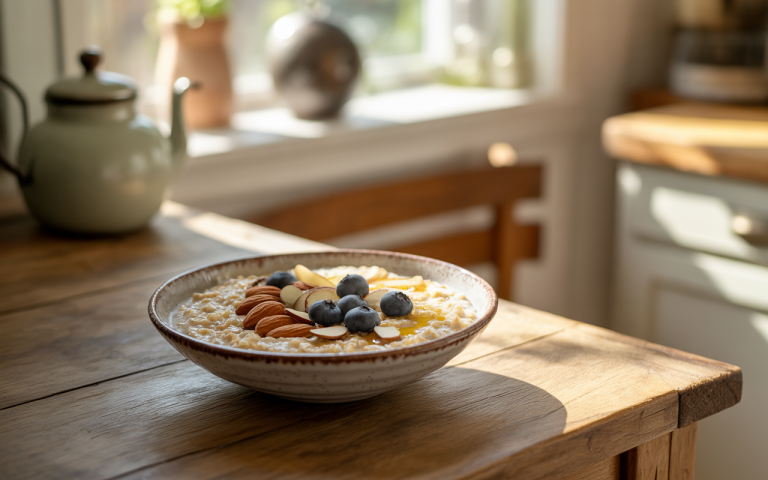 Bowl of oatmeal topped with blueberries, sliced almonds, and apples, sitting on a wooden table with a kettle in the background.