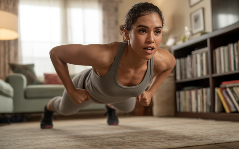 A young woman in a gray tank top performs push-ups in a cozy living room, focused and determined.
