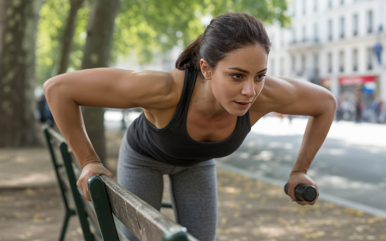 A woman performs outdoor tricep dips on a park bench, showcasing her athleticism and focus in a lively urban environment.