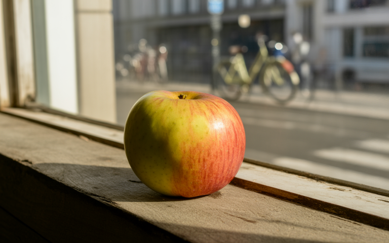 A shiny green and red apple resting on a wooden windowsill with soft sunlight illuminating its surface.