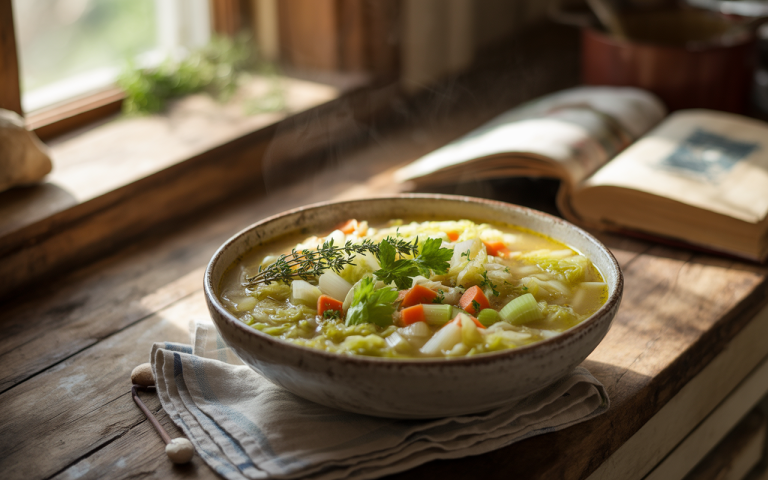 A steaming bowl of vegetable soup with carrots, celery, and herbs sits on a wooden table beside a cookbook.