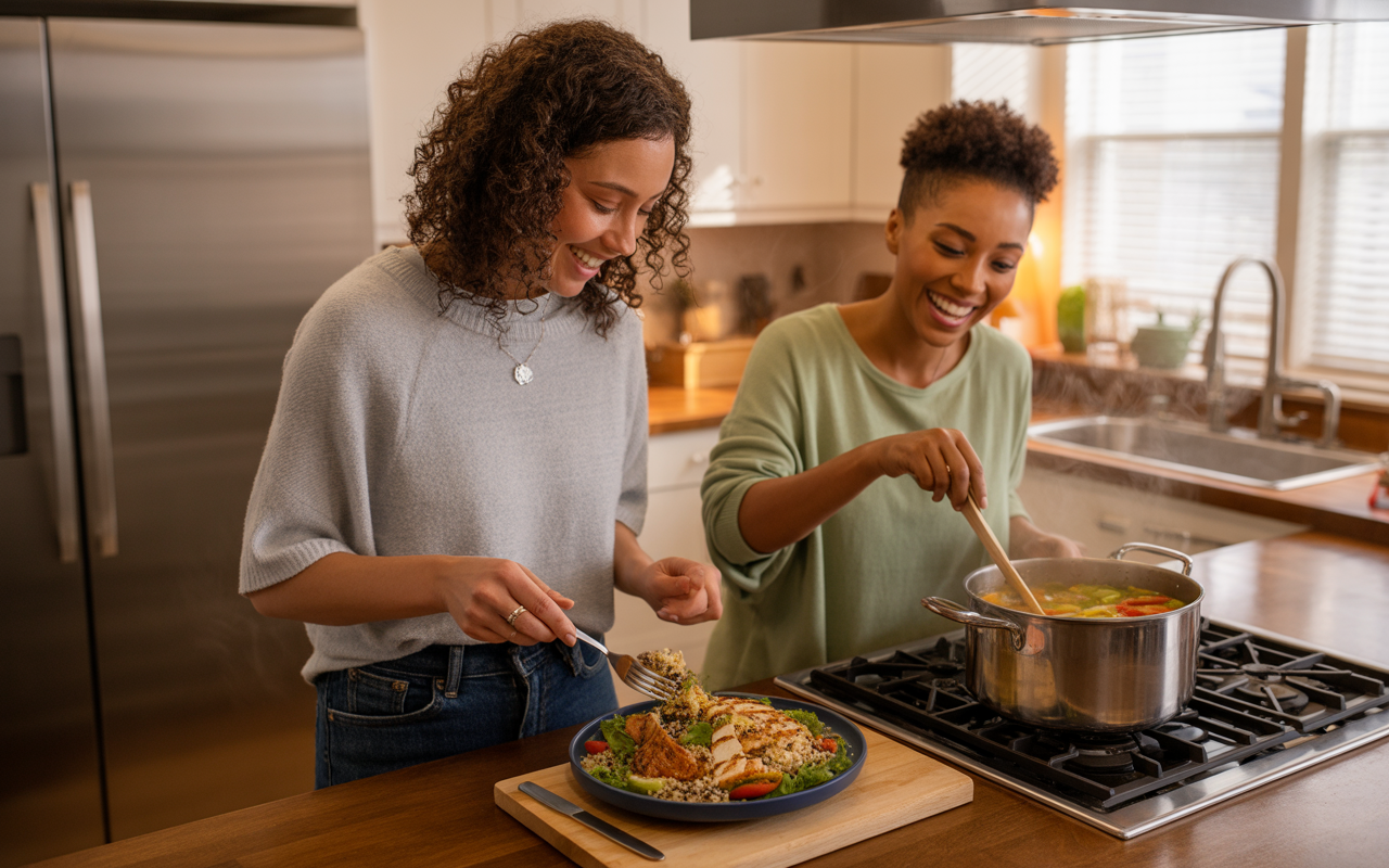 Two women enjoy cooking in a bright kitchen, one stirring a pot while the other serves a colorful plate of food.