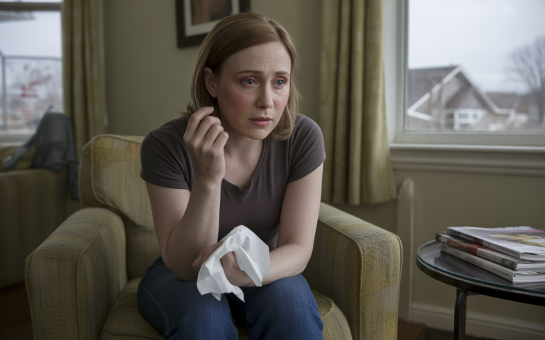 A concerned woman sits on a couch, holding a tissue and looking anxiously, with a window and magazines nearby.