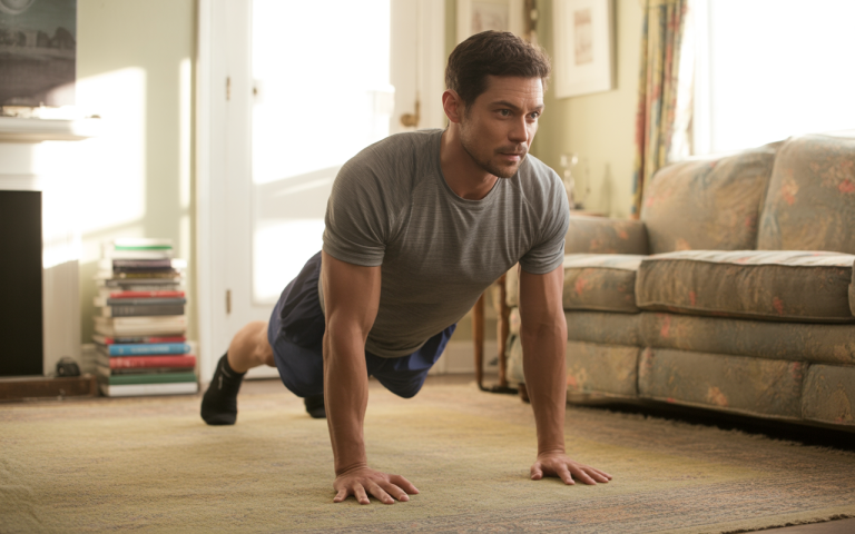 A man performs push-ups on a carpeted floor in a cozy living room, surrounded by books and soft furniture.