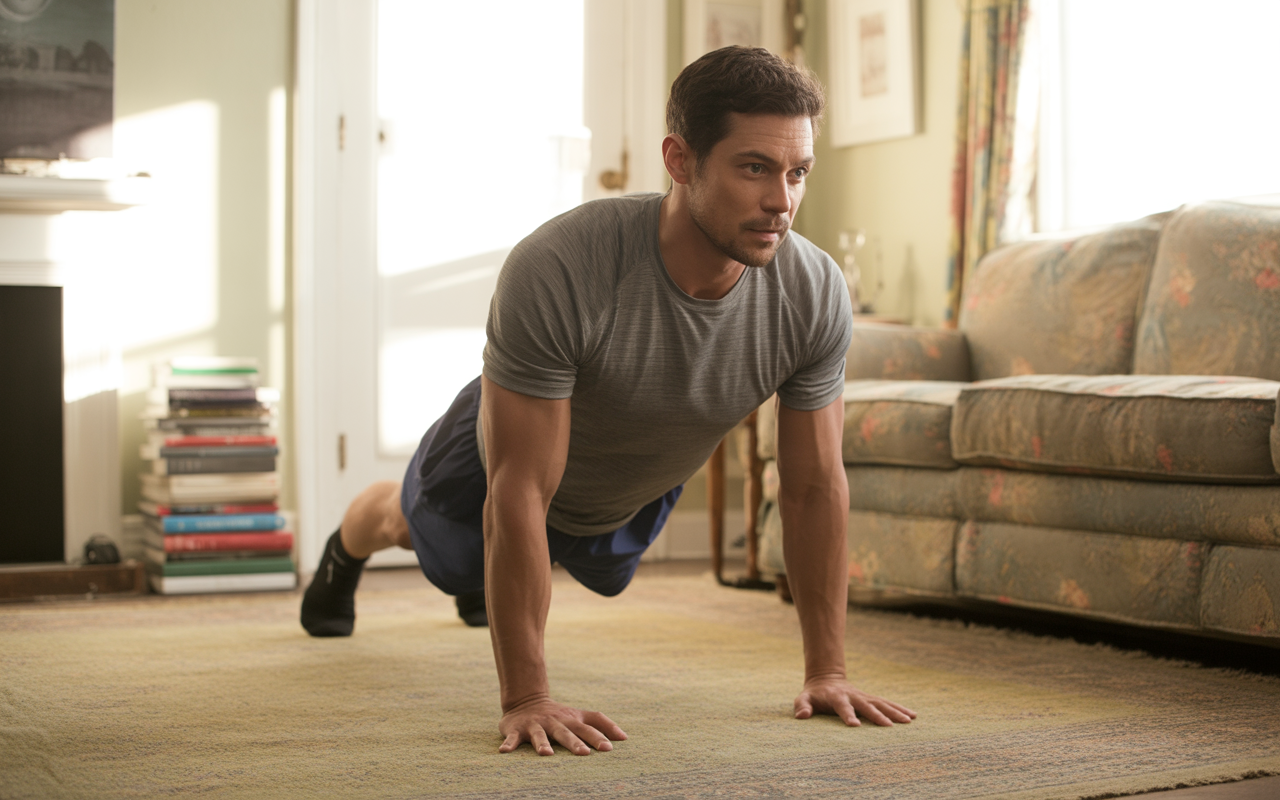 A man performs push-ups on a carpeted floor in a cozy living room, surrounded by books and soft furniture.