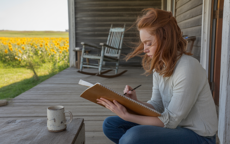 A woman sits on a porch, writing in a notebook, with a coffee mug nearby and sunflowers in the background.