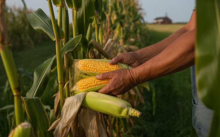 A farmer holds fresh ears of corn amidst corn stalks in a field, with a rustic barn visible in the background.