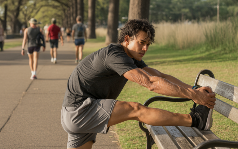 A young man stretches his leg on a bench in a park, with joggers walking in the background under trees.