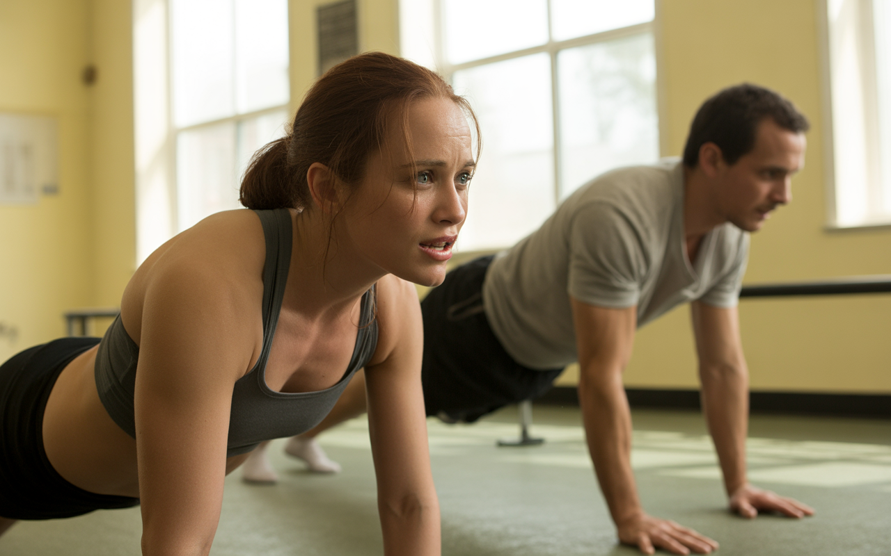 A woman and a man perform push-ups in a gym, focusing intensely, with sunlight streaming through large windows.