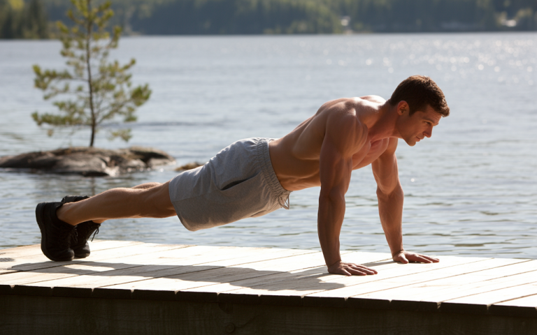 A shirtless man performs push-ups on a wooden dock by a serene lake with trees in the background.
