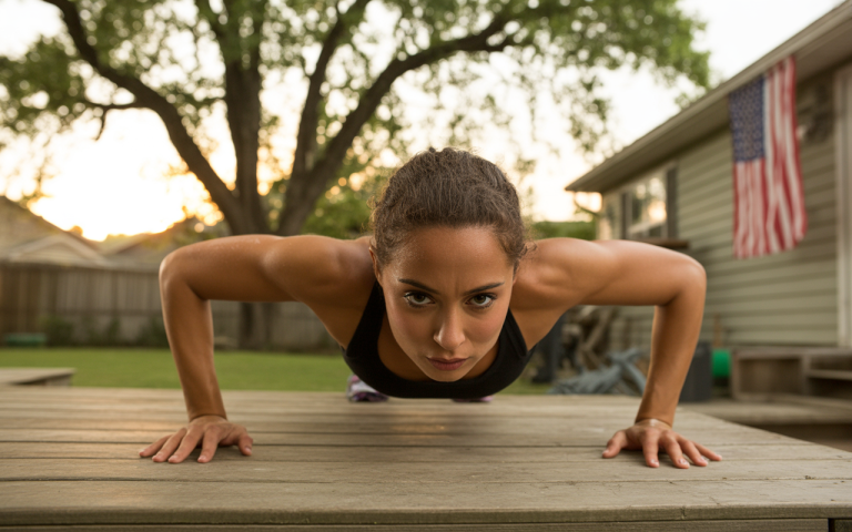 A woman performs push-ups on a wooden surface in a backyard during sunset, with an American flag visible in the background.