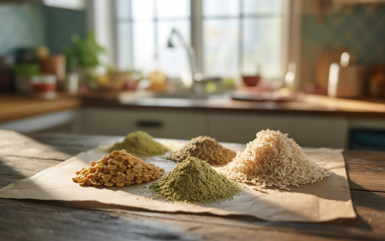 An assortment of various grains and powders is displayed on parchment paper in a bright, sunlit kitchen.