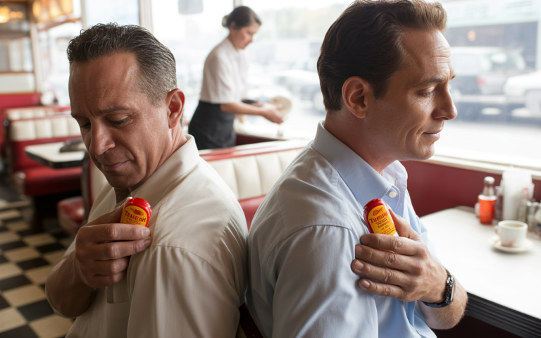 Two men sit back to back in a diner, each holding a small jar of seasoning on their shoulders.
