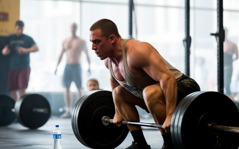 A muscular man is lifting a heavy barbell in a gym, focused and determined, with others observing in the background.